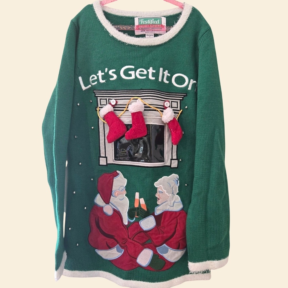 Festified Lets Get It On‎ Santa Mrs Claus Ugly Christmas Sweater Green Womens L